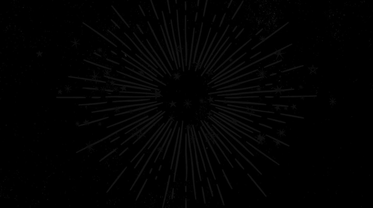 Grey stars and sun rays on a black background.