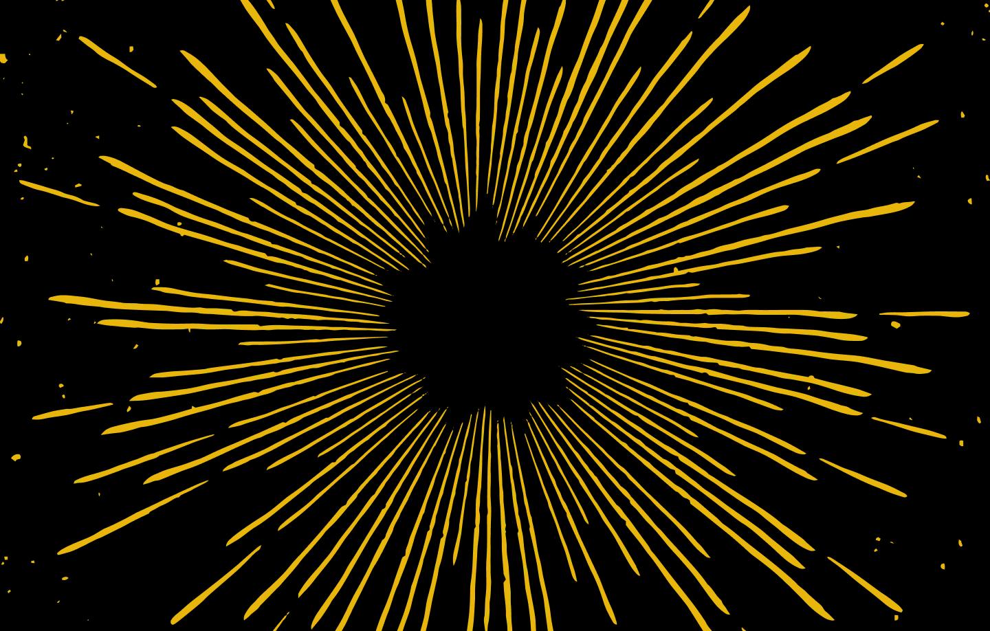 Yellow rays, stars and specks in space.