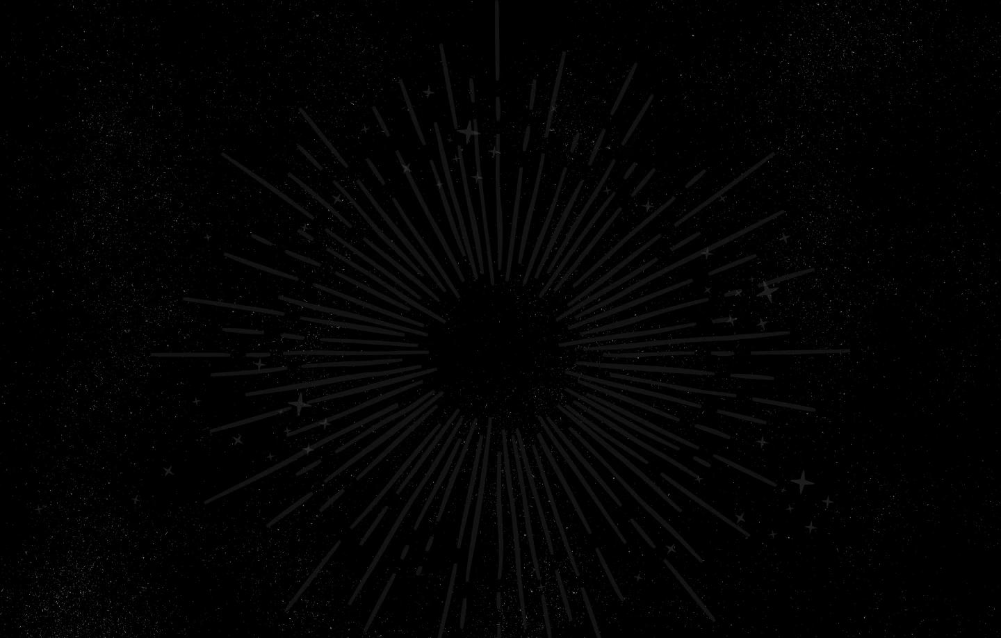 Grey stars and sun rays on a black background.