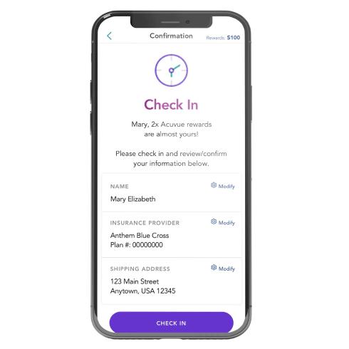 MYACUVUE check in notifications on an iPhone App.