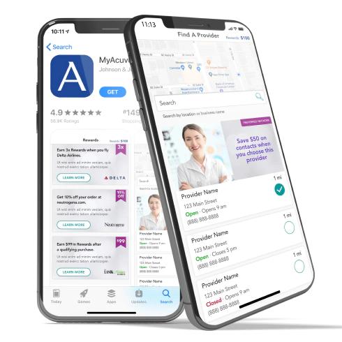 Two iPhones standing up side by side with MYACUVUE App.