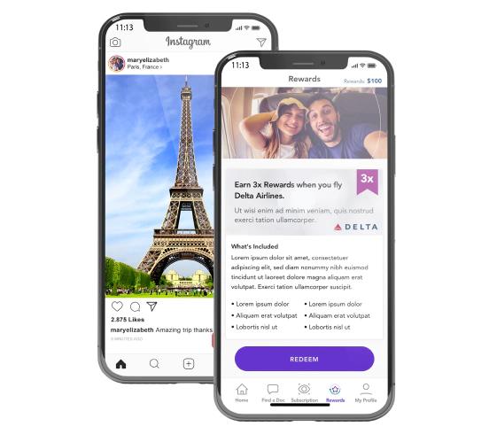 Two iPhones side by side with Instagram and Delta Rewards.