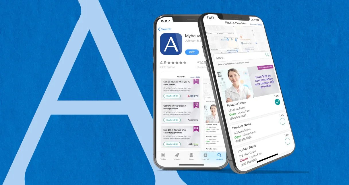 Two iPhones side by side with MYACUVUE App on a blue background with capital A.