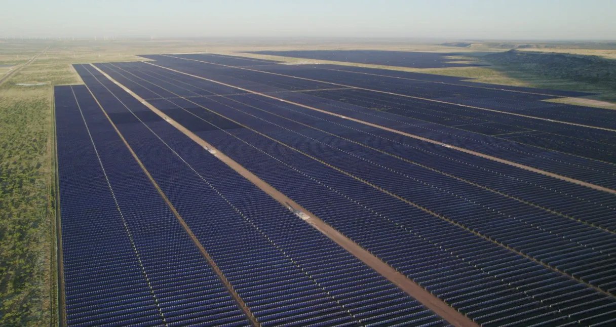 Close up of a solar panel field.