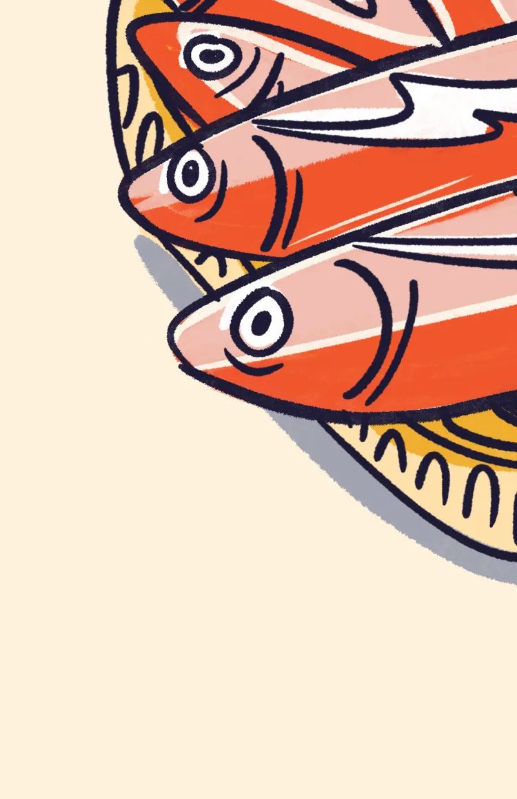 Cropped illustration of red-orange sardines in a tin.