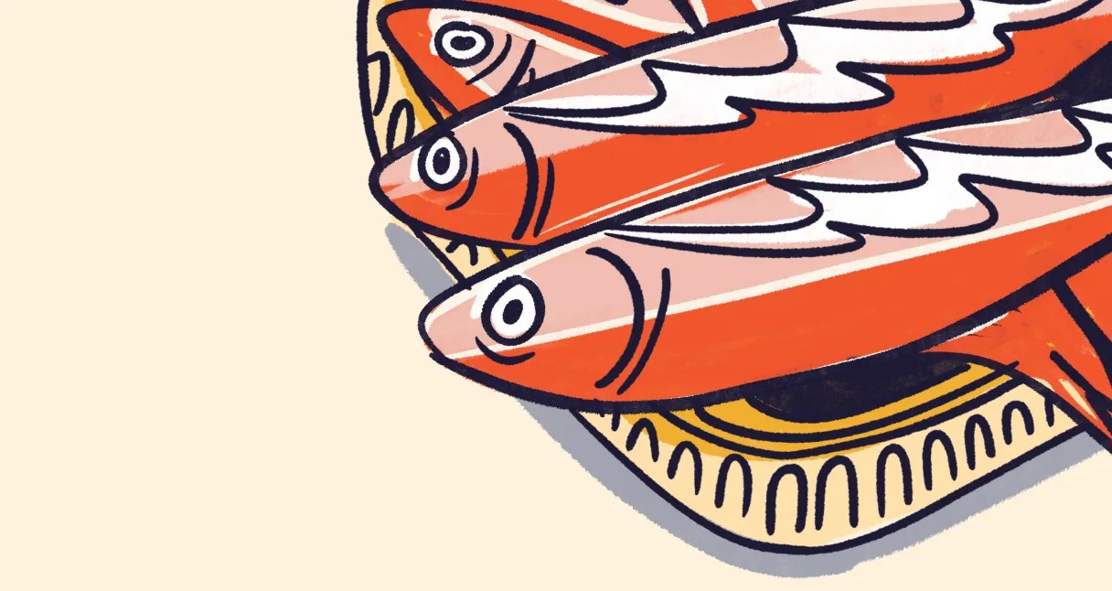 Cropped illustration of red-orange sardines in a tin.