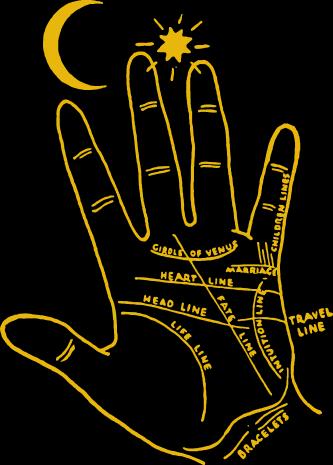 Drawing of a hand with lines, moon and stars.
