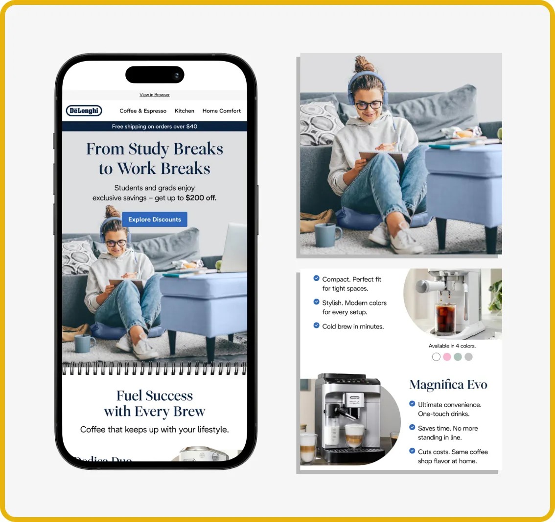 DLG-carousel-a.webp Iphone mockup displaying an email with module closeups next to it.