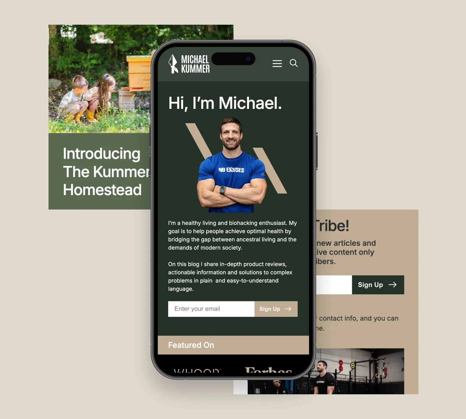 MK-stacked-b.webp Iphone displaying the Michael Kummer site with details as background.