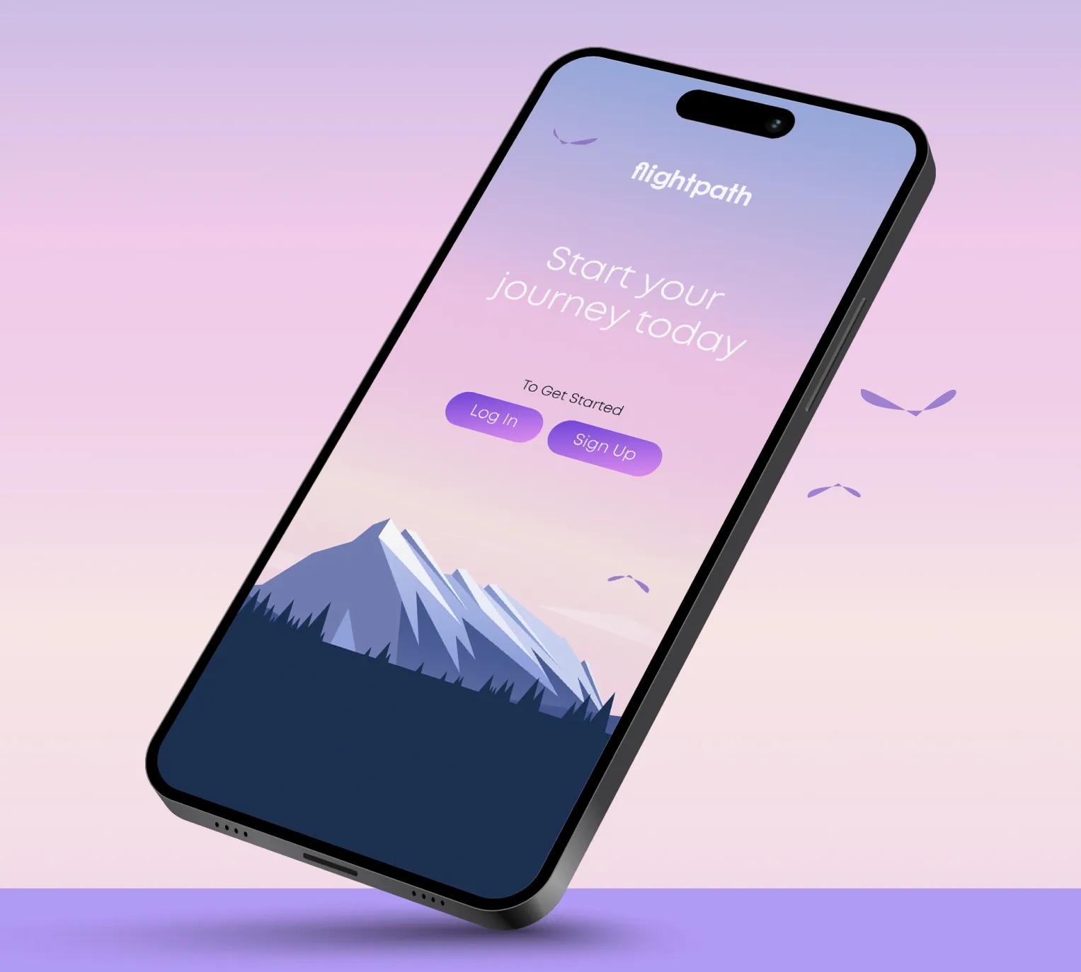 fp-stacked-b.webp Iphone showing start page of the flightpath app.