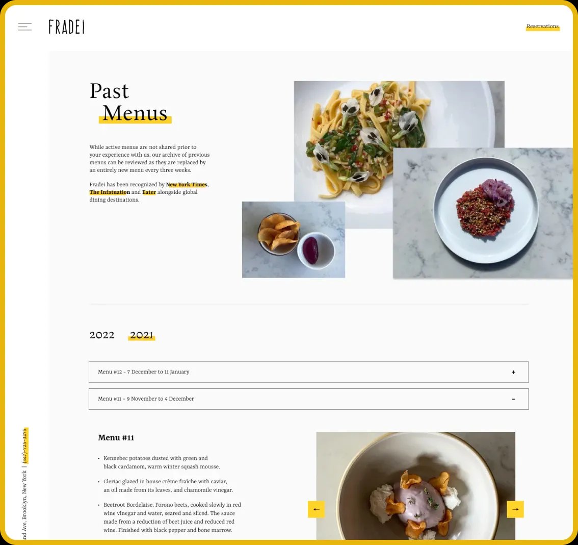 Image of Fradei Past Menu webpage.
