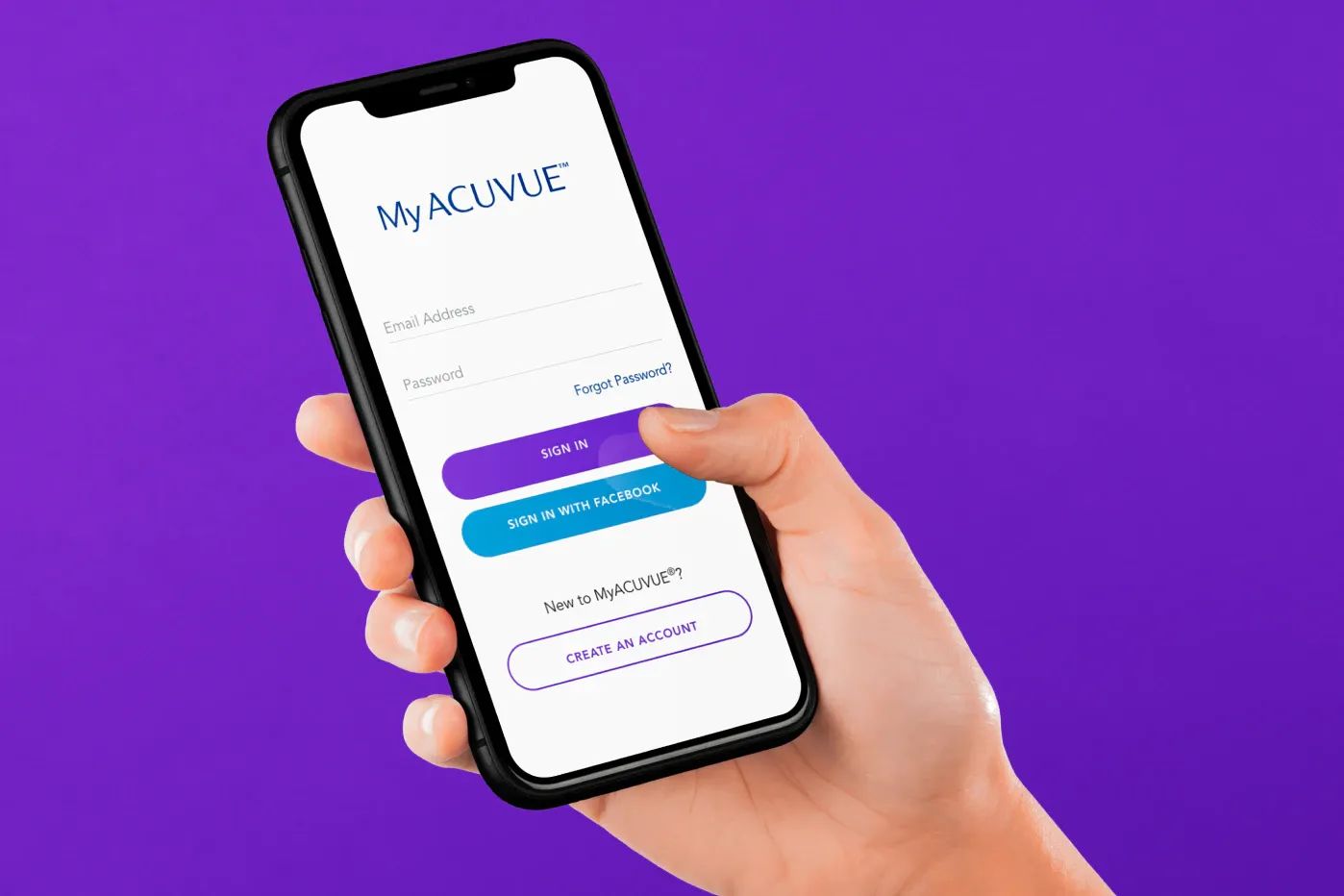 Image of an iPhones with MYACUVUE App on a purple background.