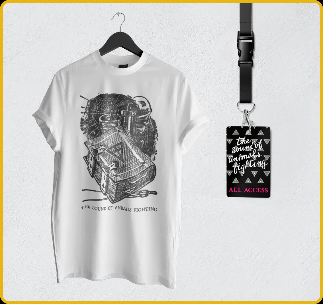 Image of a white tshirt and a lanyard pass on white background.
