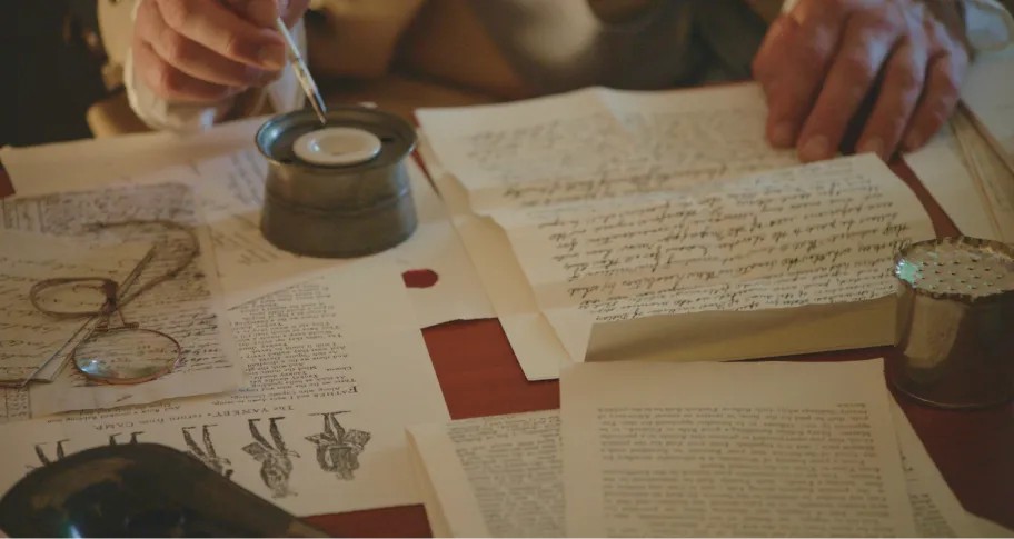 va250-cardbg-desktop.webp Old handwritten paper documents on desk.